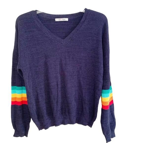 Gab & Kate Navy Varsity V Neck Rainbow Stripe Sleeve Sweater AV Nation Vibes - Picture 1 of 5